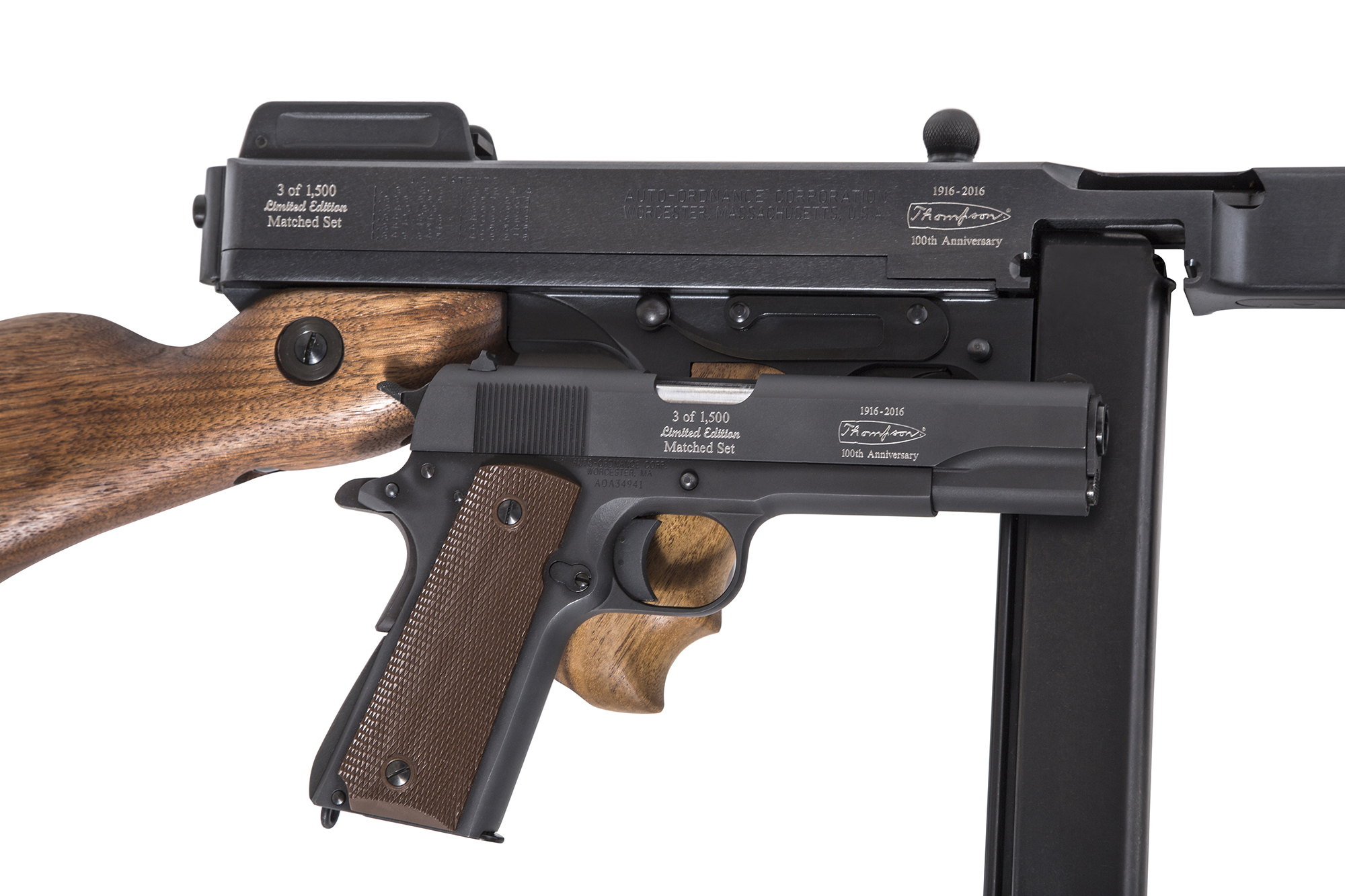 Auto Ordnance is offering a commemorative 100th Anniversary matched set edition of the Thompson 1927A-1 rifle and matching 1911A1 pistol. 