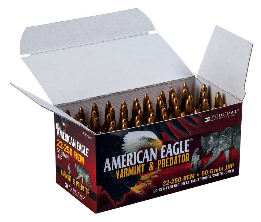 This is one of the new bulk-packed American Eagle varmint and predator loads, a 22-250 Rem. 50-grain JHP, now available in a box of 50 rounds. 