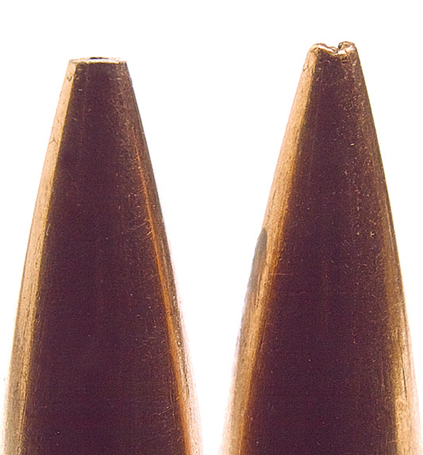 There will be variations in any box of hollowpoint match-style bullets, and a source for variation is the meplat (tip). Variations are an unavoidable result of the pointing-up process in manufacture. I’ve measured as much as 0.020 inches in a box. A “meplat uniformer” strives to eliminate this variance. Uniforming reduces the BC a scant few points, but it’s a trade many serious long-range shooters say is worth the effort. Uniformed on left.