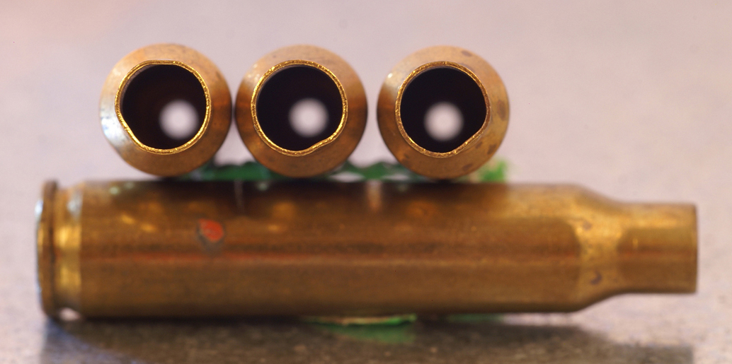 These are brand-new high-dollar Lapua cases, which the author points out are a tad amount deformed about the case mouths. Most new cases will show this sort of irregularity. Just run them through your sizing die. It’s not so much establishing the neck size (although that’s wise also), but just rounding them out to accept a bullet. Also, lube new cases just like normal; even though they’re smaller than they will be after the first firing, they’re not that small.