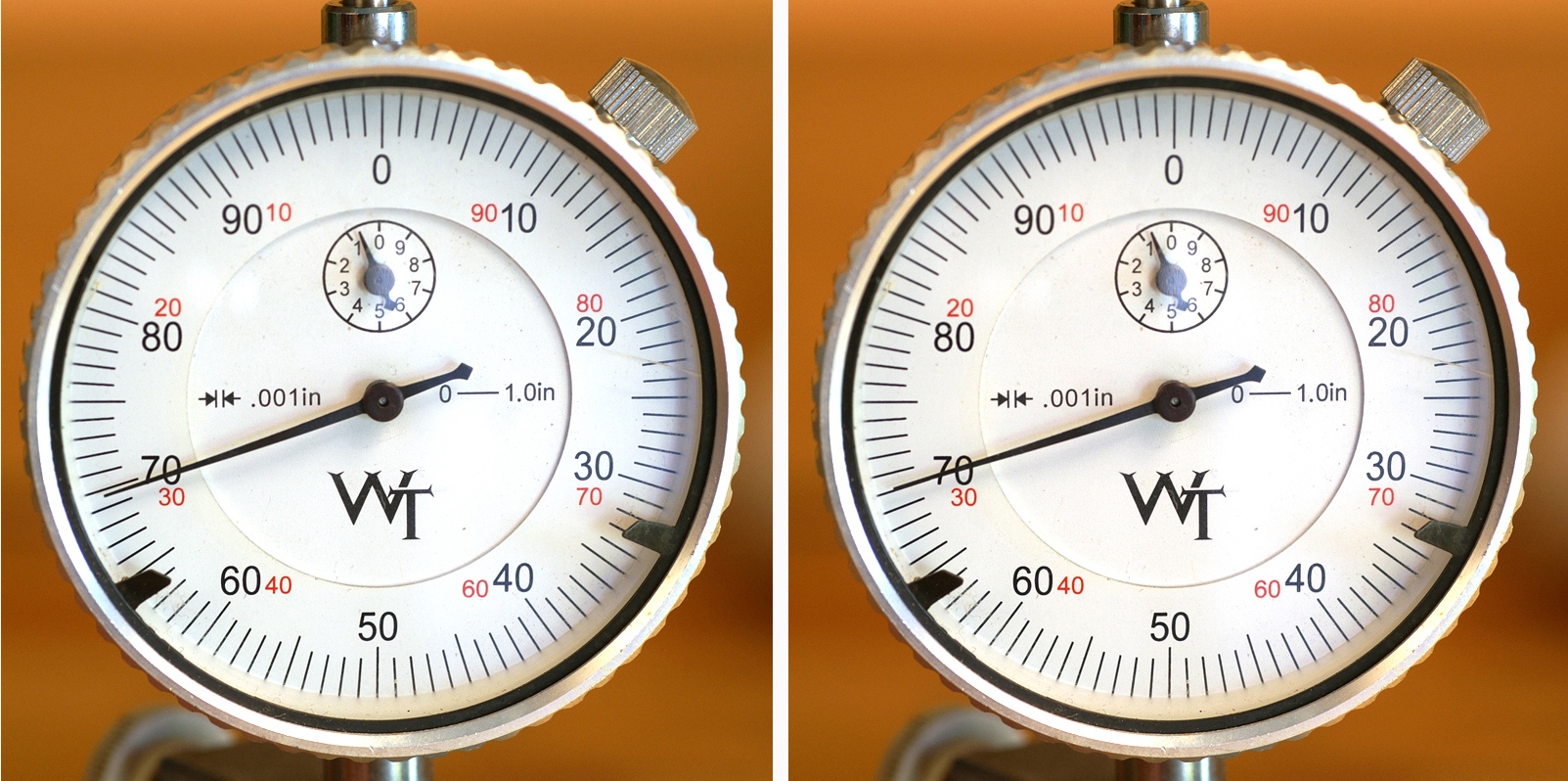 And this pair of photos shows the amount of case-diameter variation after they’ve been full-length sized — the variation amount is nearly back to where it started in the new cases.