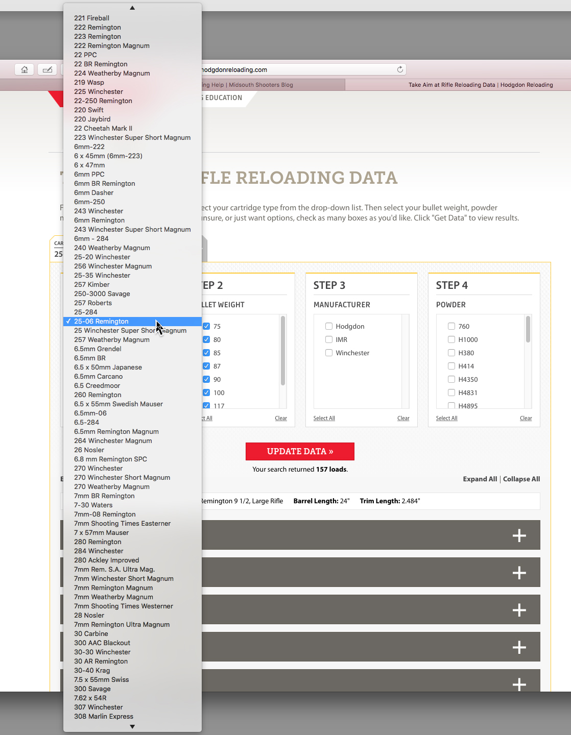 The Hodgdon Rifle Reloading Data page displays a pulldown menu with a lineup of available cartridges from 17 Ackley Hornet through 50 BMG. Magnum and others. Step 2 is selecting a bullet weight, then a powder manufacturer, then a specific powder.