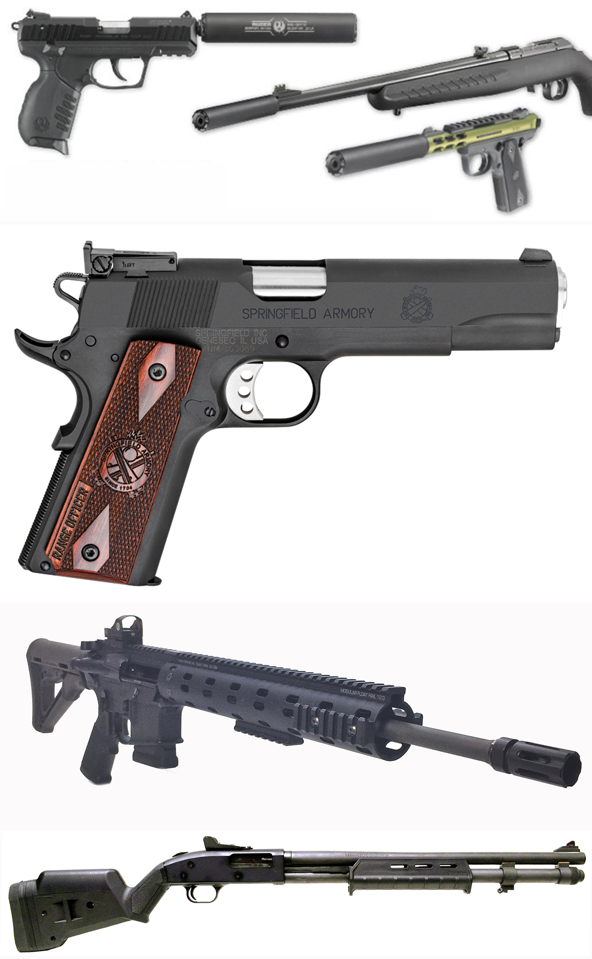 MSS isn’t recommending any particular brand or models here, just a suitable collection of five should-have firearms. Top, Ruger makes several rimfire rifles and handguns that can make this list, including the SR22 pistol, the 10/22 rifle, and the 22/45 pistol. The company is also selling suppressors for them now as well. Cans are handy, but optional, on our list. Second from top is a suitable self-defense sidearm, this one being Springfield Armory’s 1911 Range Officer Pl9129LP chambered in 9mm Luger. Below that is a semi-auto self-defense rifle; this one is a Daniel Defense DDM4V7LW chambered in 5.56 NATO. And rounding out our list is, bottom, a Mossberg 590 Magpul 50669 Pump 12 Gauge. What does your list include?