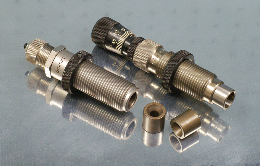 One of the best ideas in sizing dies is incorporating a neck-shoulder bushing. These work well because they allow for control over dimensions, including case-shoulder compression, and without the criticisms made against neck bushings. This is a set from Superior Shooting Systems LLC. It’s for 6XC but can also be used, with an appropriate bushing, for .308 Win. Full-length dies with neck/shoulder bushings can control the neck diameter and still get the full neck cylinder sized.