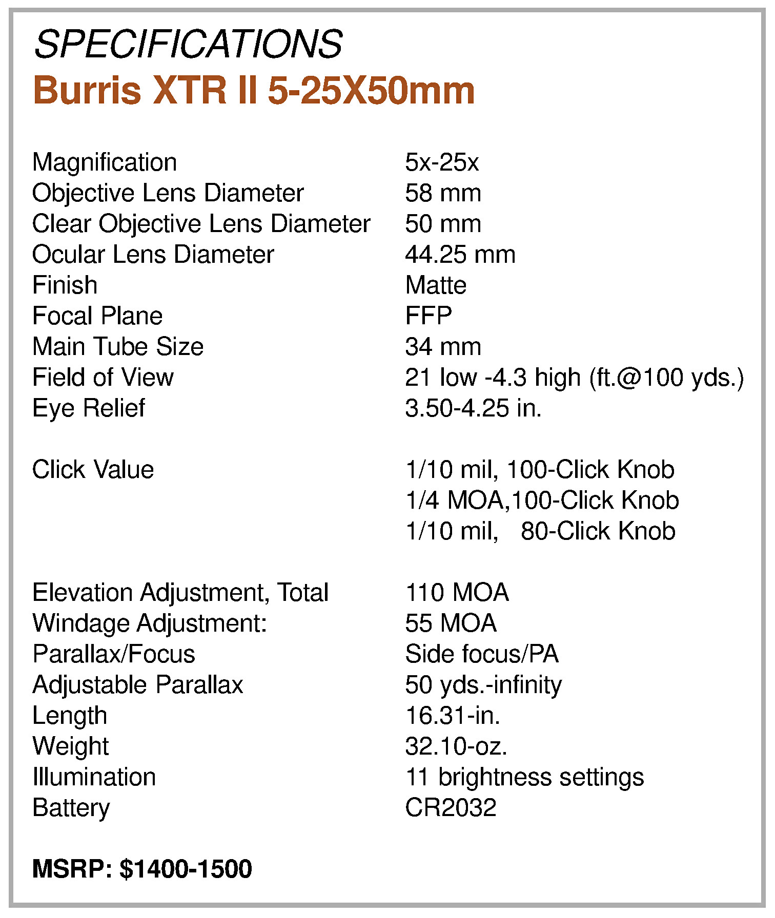 xtr ii specs