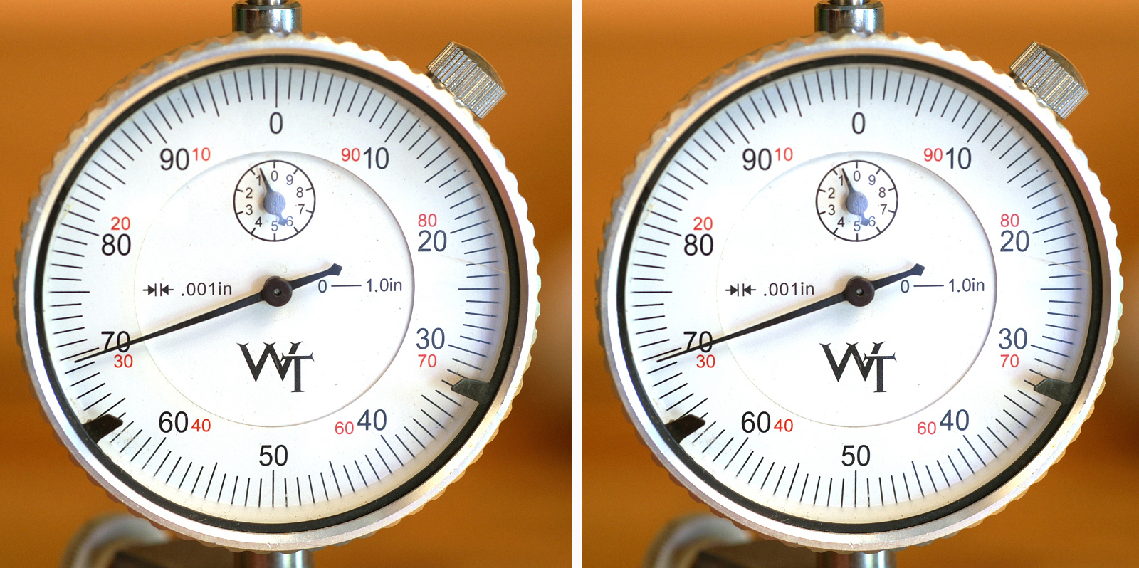 The “70” on the dial indicator isn’t a measurement of anything; it just happened to be the position of the indicator. What matters is the area the indicator sweeps, measuring points about the circumference of the case. More needle movement means more warping. This pair of photos shows the amount of warp on a new case measured using a V-block-style concentricity fixture with a dial indicator. Even new, they’re not perfect.