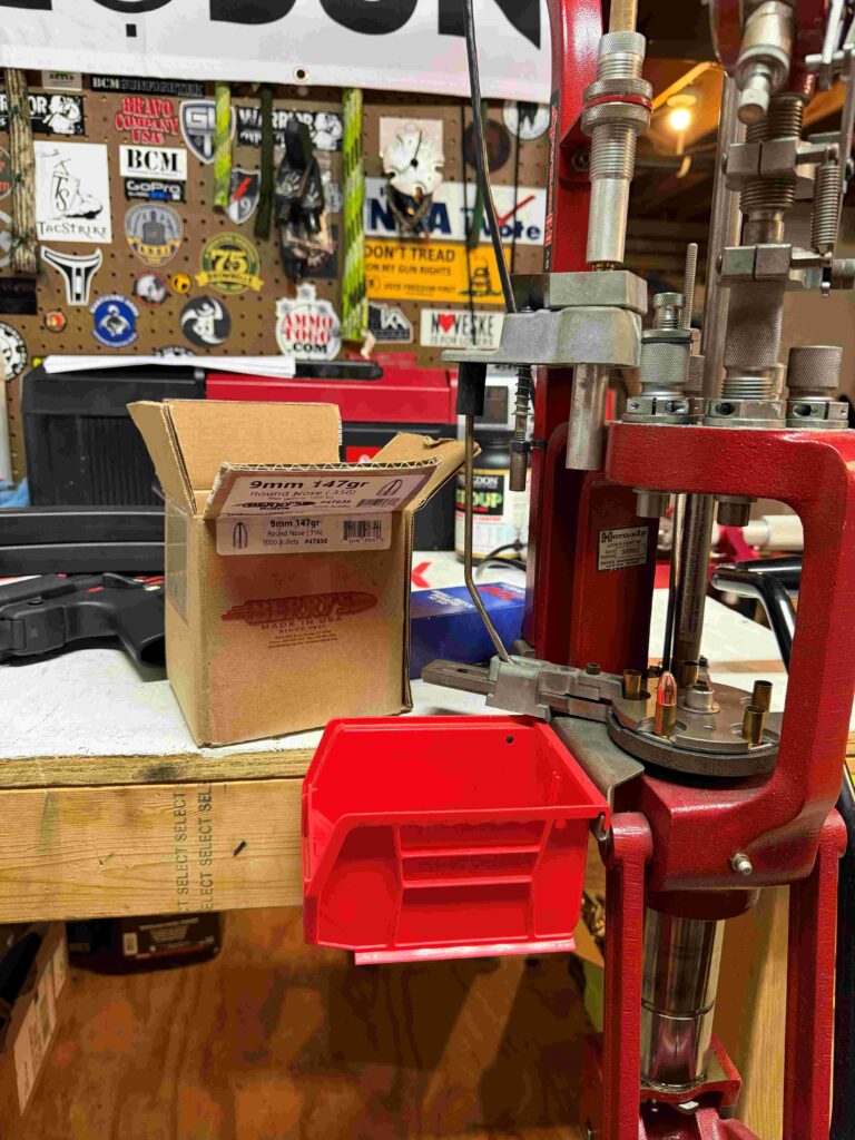 Hornady LnL press setup for loading subsonic 9mm using Berry&rsquo;s bullets and Hodgdon Titegroup powder.