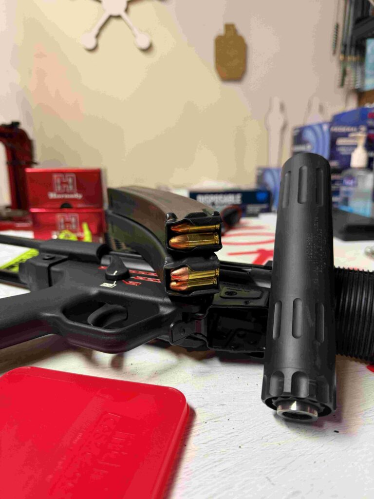 An MP5 magazine loaded with subsonic 9mm rounds.