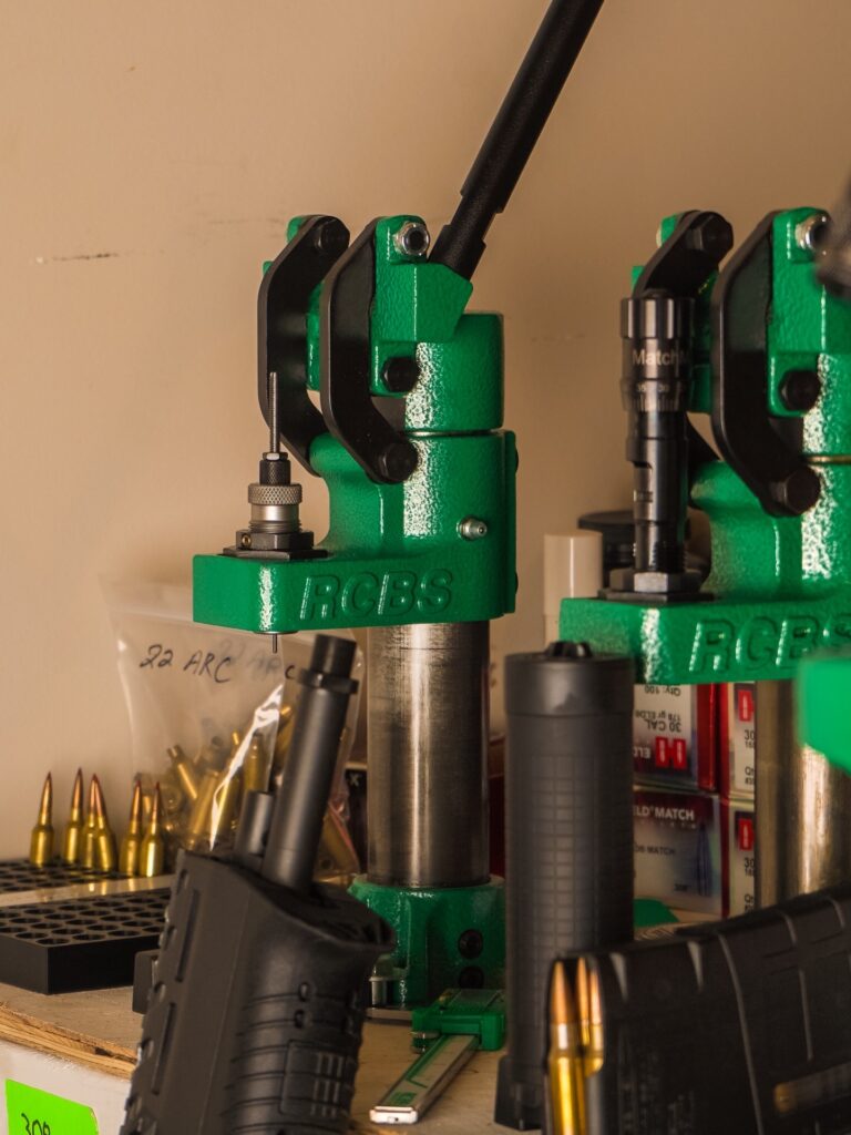 RCBS reloading tool mounted to reloading bench