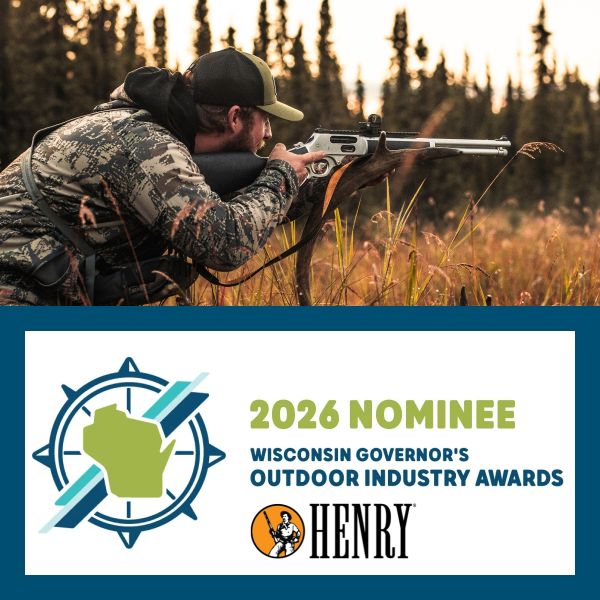 Man shooting rifle in woods with 2026 nominees listed in front and Henry Logo