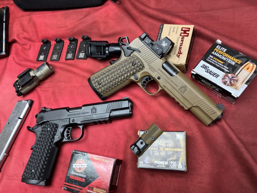 Two pistols on bench in coyote and black