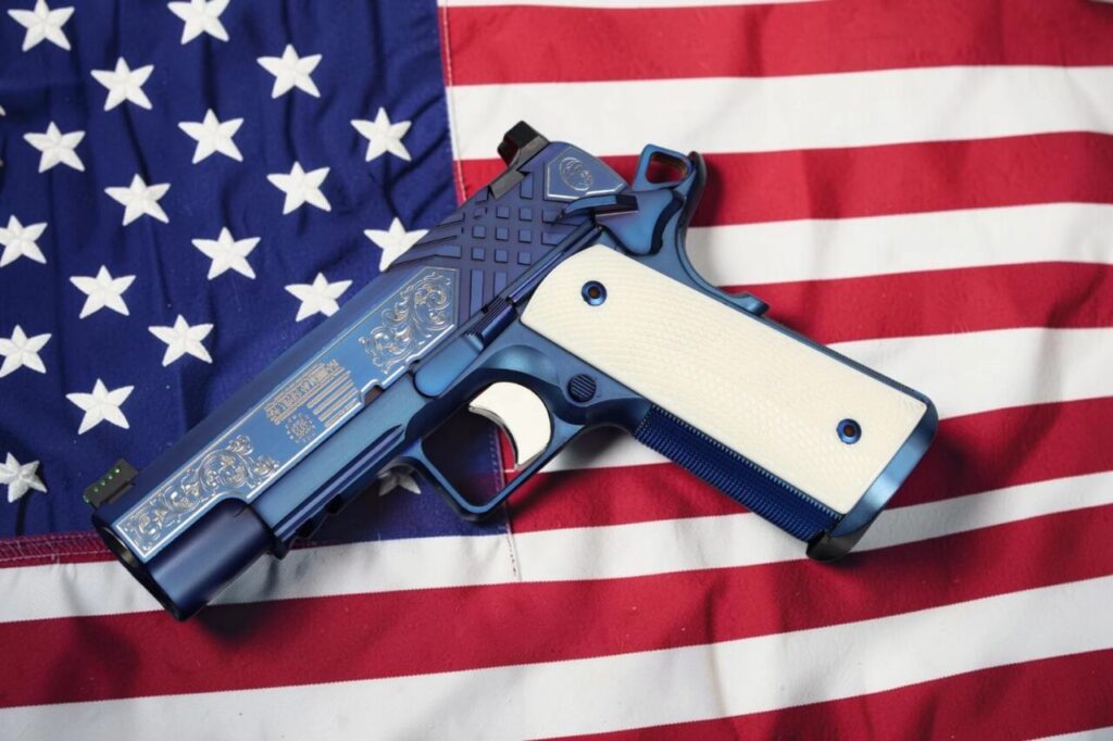 SK pistol on American flag background