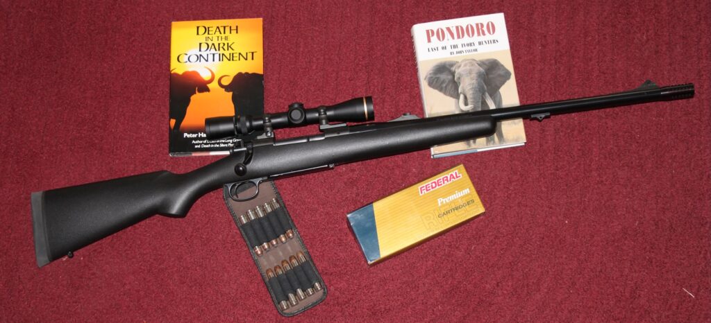 Rifle profile on red background with books