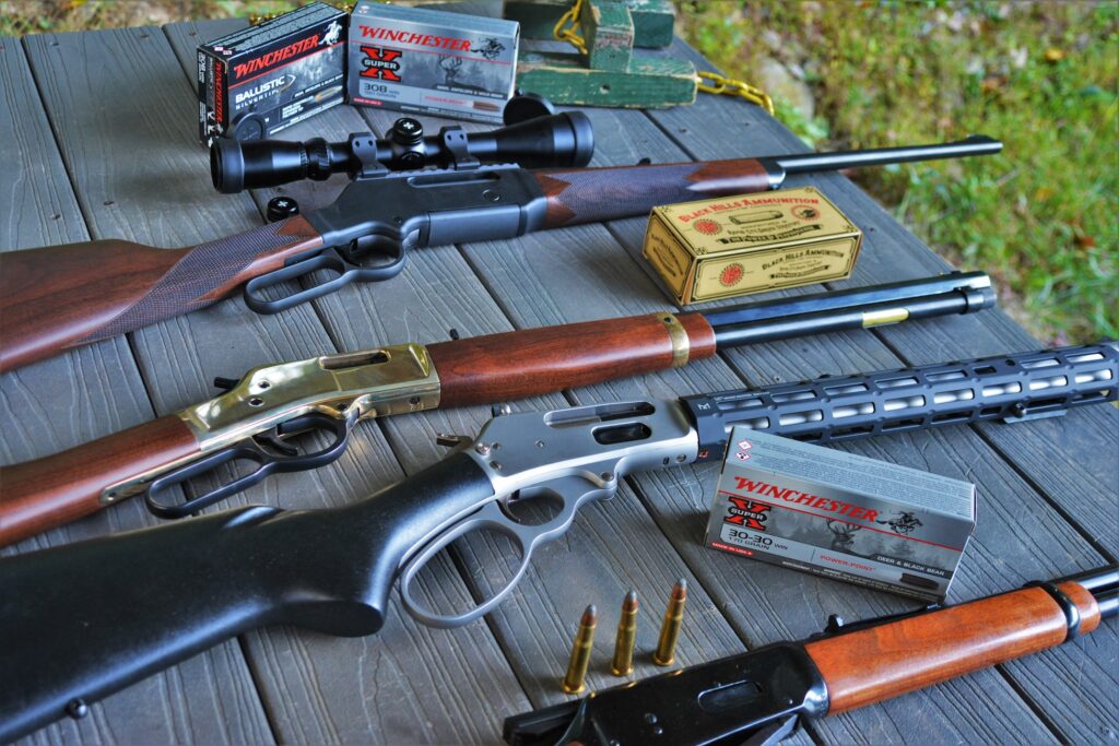 rifles on a bench